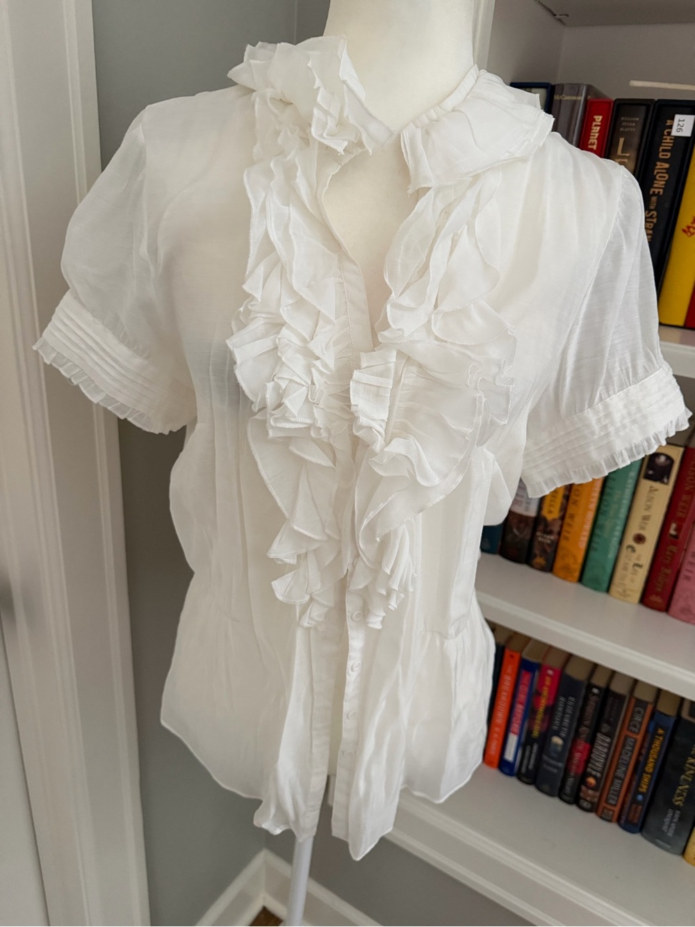 Anthropologie White Ruffled Short-Sleeve Blouse